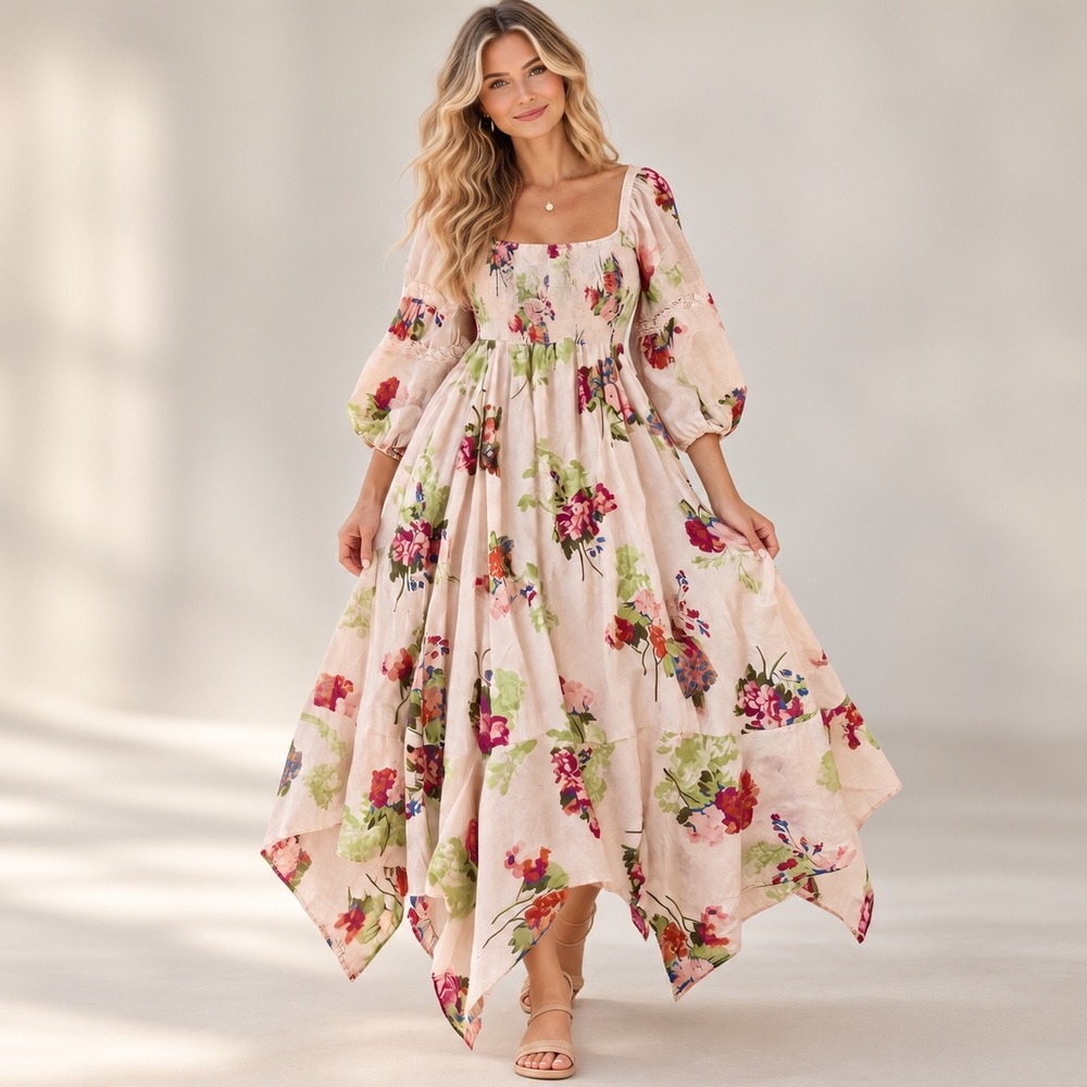 Free People Morning Glory Smocked Handkerchief Maxi Dress Boho Cottagecore